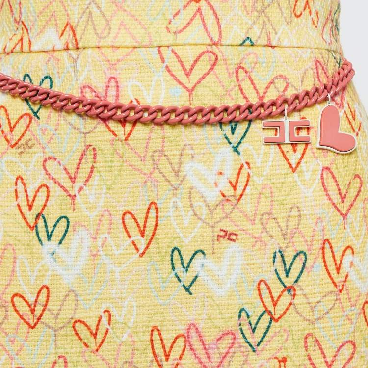 Pre Owned Elisabetta Franchi Yellow Hearts print Cotton Canvas Fringed Mini Skirt S