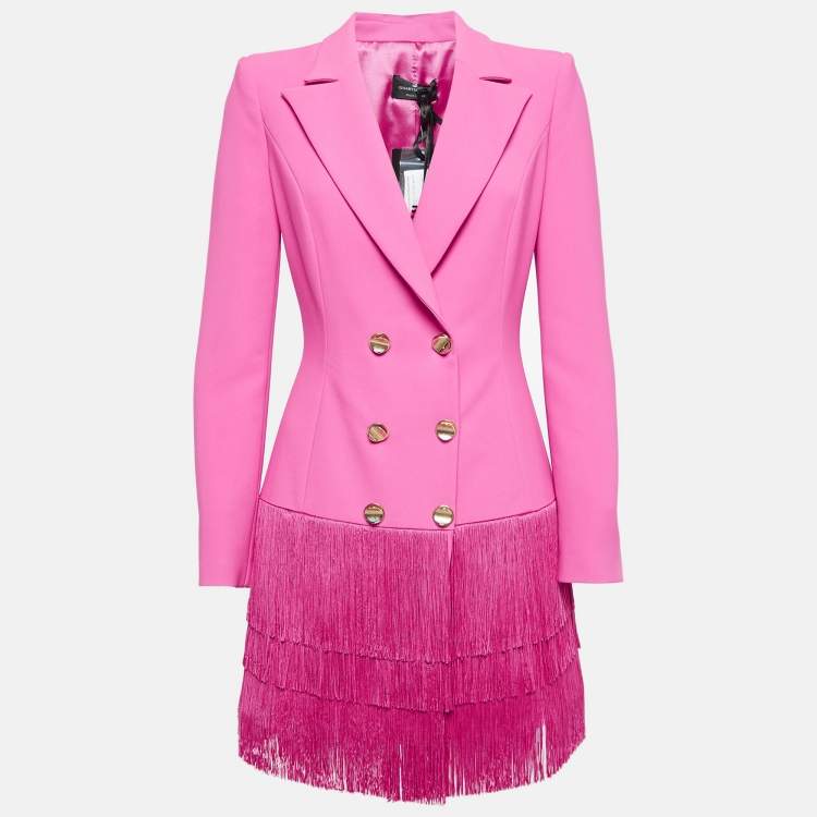 Pre Owned Elisabetta Franchi Pink Crepe Fringed Double Breasted Blazer L