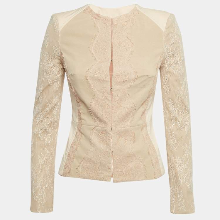 Pre Owned Elisabetta Franchi Pink Lace and Jersey Round Neck Jacket M