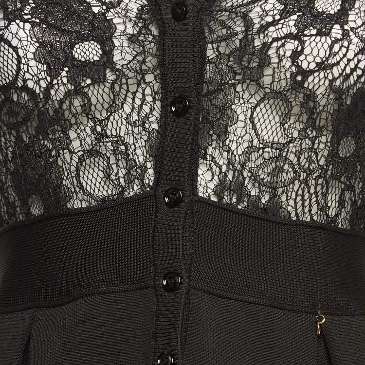 Pre Owned Elisabetta Franchi Black Lace and Knit Pleated Cardigan M