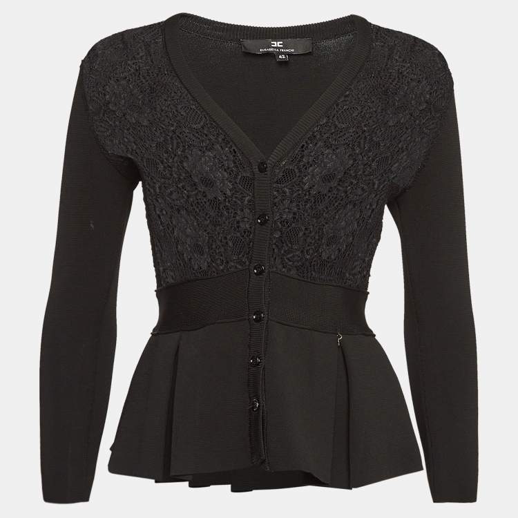Pre Owned Elisabetta Franchi Black Lace and Knit Pleated Cardigan M
