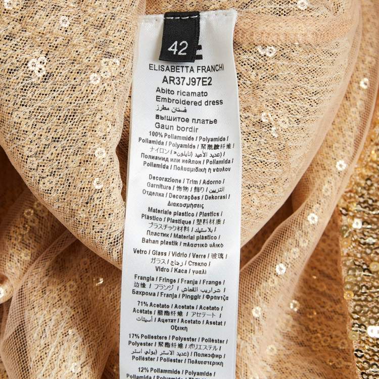 Pre Owned Elisabetta Franchi Gold Sequin Tulle Fringed Mini Dress L