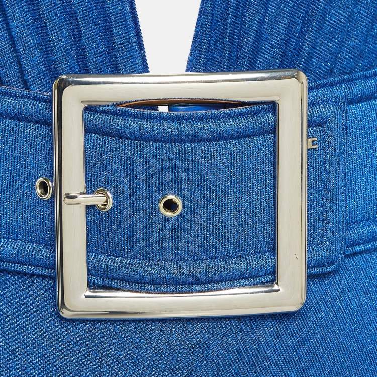 Pre Owned Elisabetta Franchi Blue Lurex Jersey Plunging Neck Plisse Maxi Dress S
