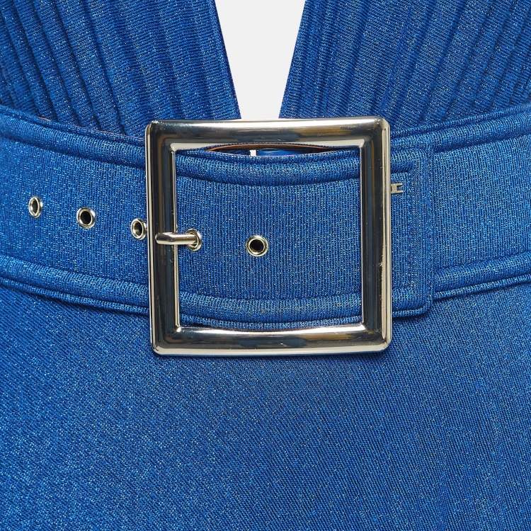 Pre Owned Elisabetta Franchi Blue Lurex Jersey Plunging Neck Plisse Maxi Dress S