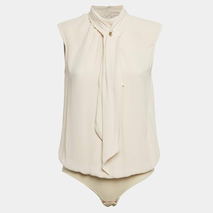 Pre Owned Elisabetta Franchi Cream Crepe Neck Bow Detail Bodysuit M