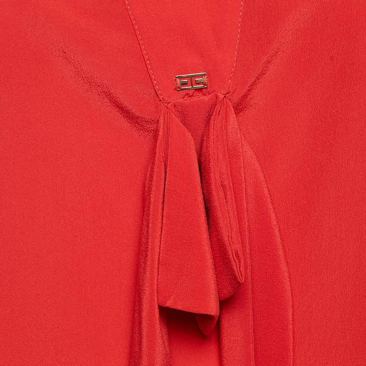 Pre Owned Elisabetta Franchi Red Crepe V-Neck Bow Detail Top M