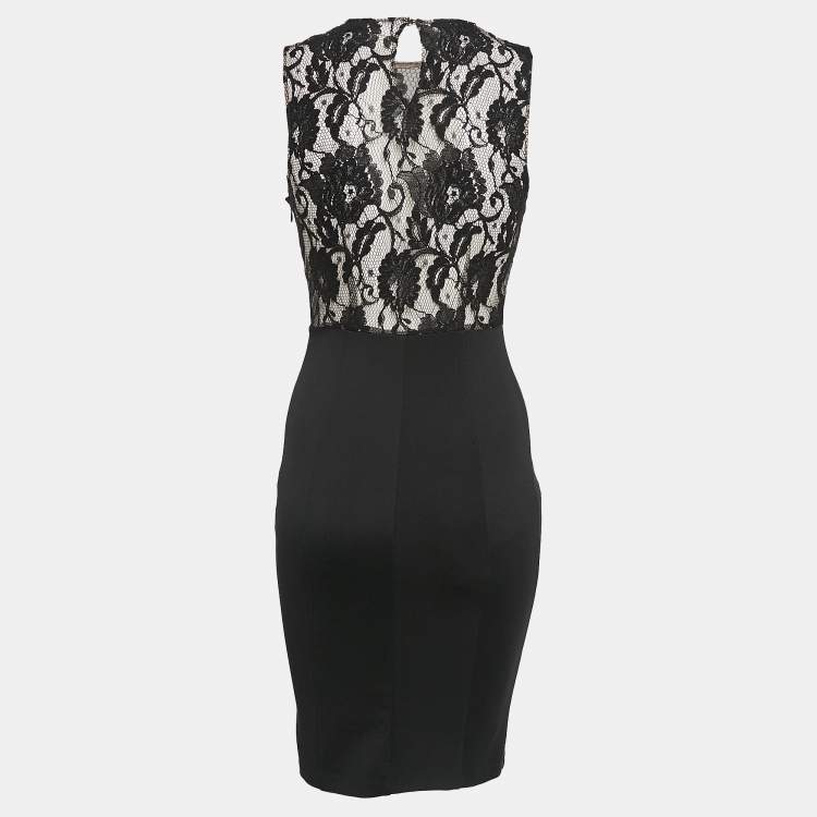 Pre Owned Elisabetta Franchi Gold Black Embellished Lace and Jersey Mini Dress M