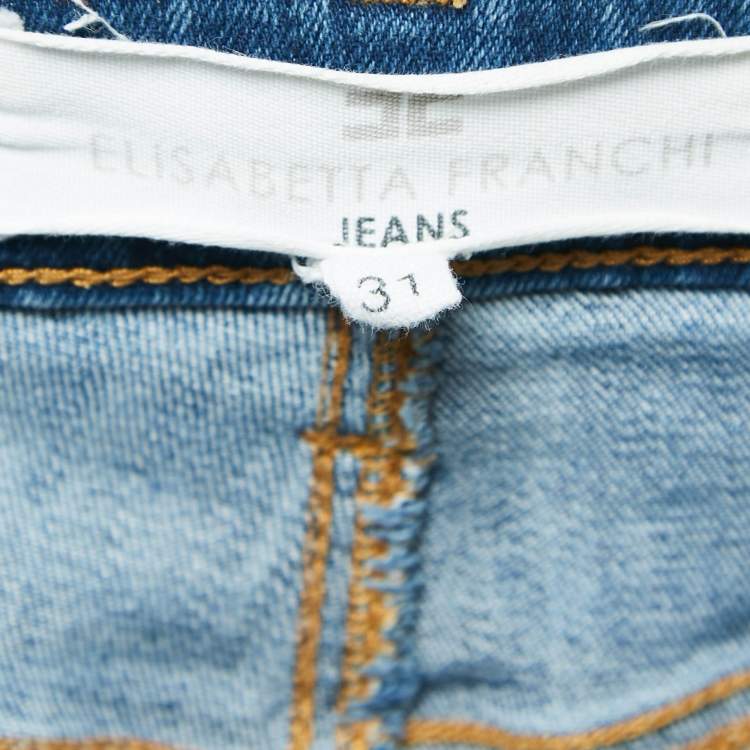 Pre Owned Elisabetta Franchi Blue Ripped Denim Straight-Leg Jeans L Waist 31"