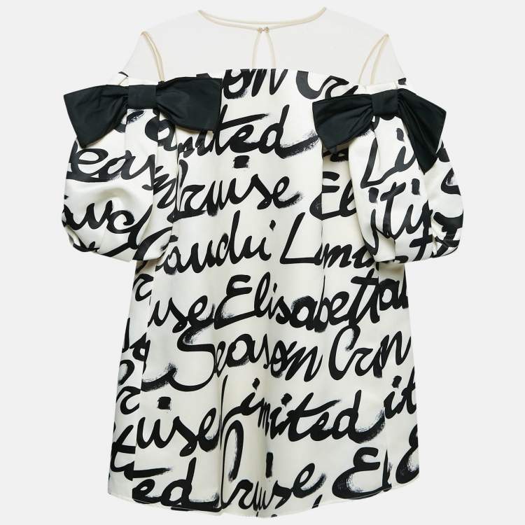 Pre Owned Elisabetta Franchi White Printed Satin Puff Sleeve Bow Detail Mini Dress L