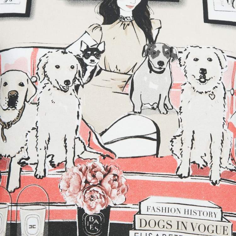 Pre Owned Elisabetta Franchi  White Dogs In Vogue Print Cotton and Chiffon T-Shirt S