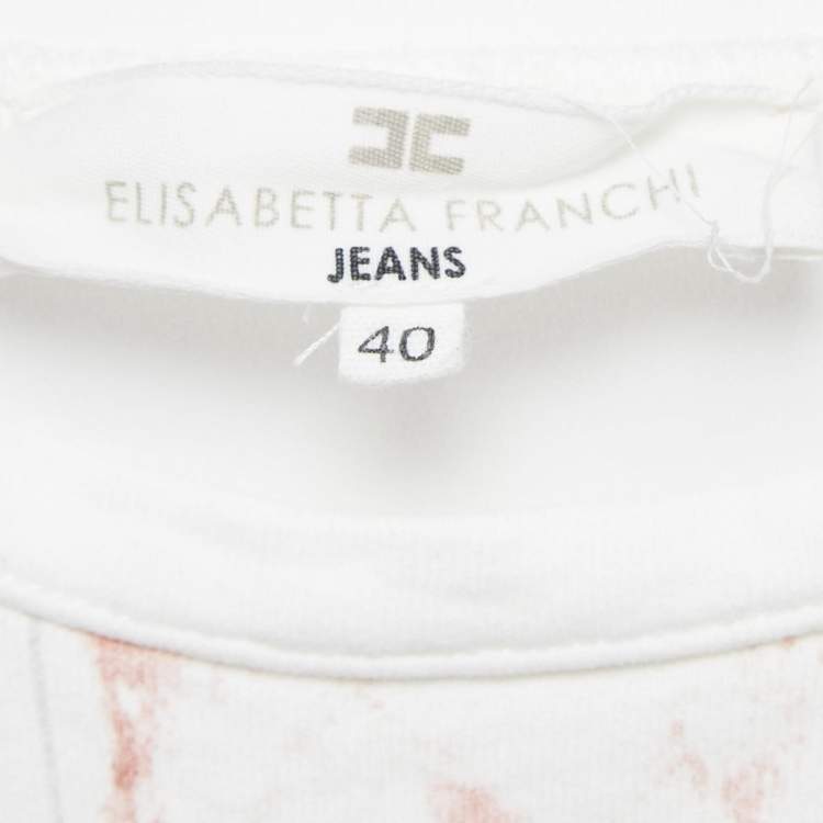 Pre Owned Elisabetta Franchi  White Dogs In Vogue Print Cotton and Chiffon T-Shirt S
