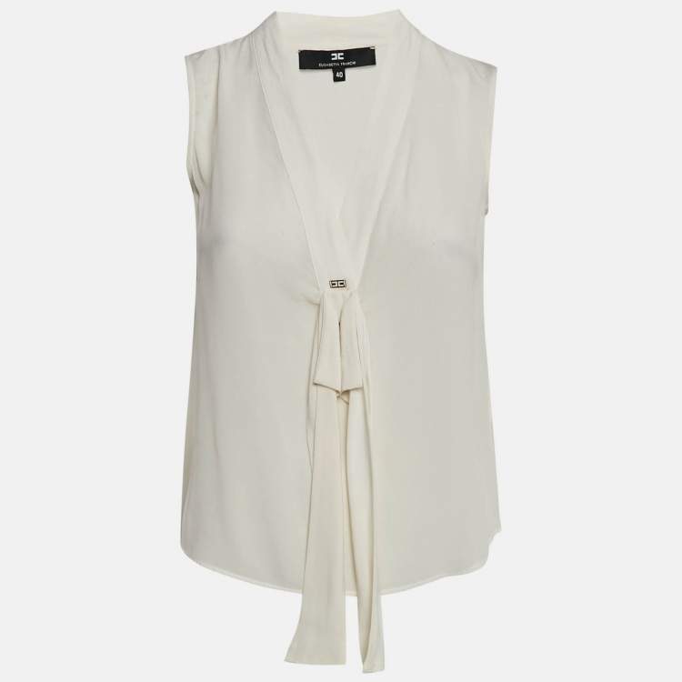 Pre Owned Elisabetta Franchi White Crepe V-Neck Bow Detail Top M