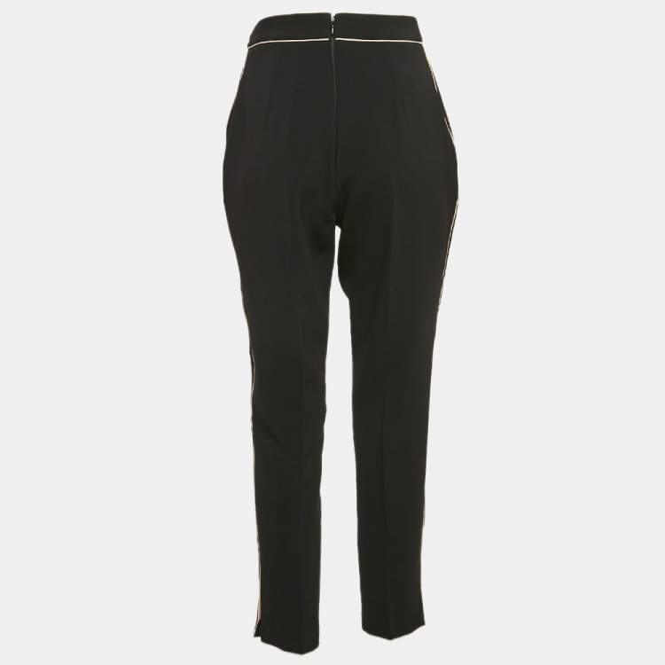 Pre Owned Elisabetta Franchi Black Contrast Trim Crepe Embellished Belt Pants M