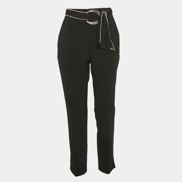 Pre Owned Elisabetta Franchi Black Contrast Trim Crepe Embellished Belt Pants M