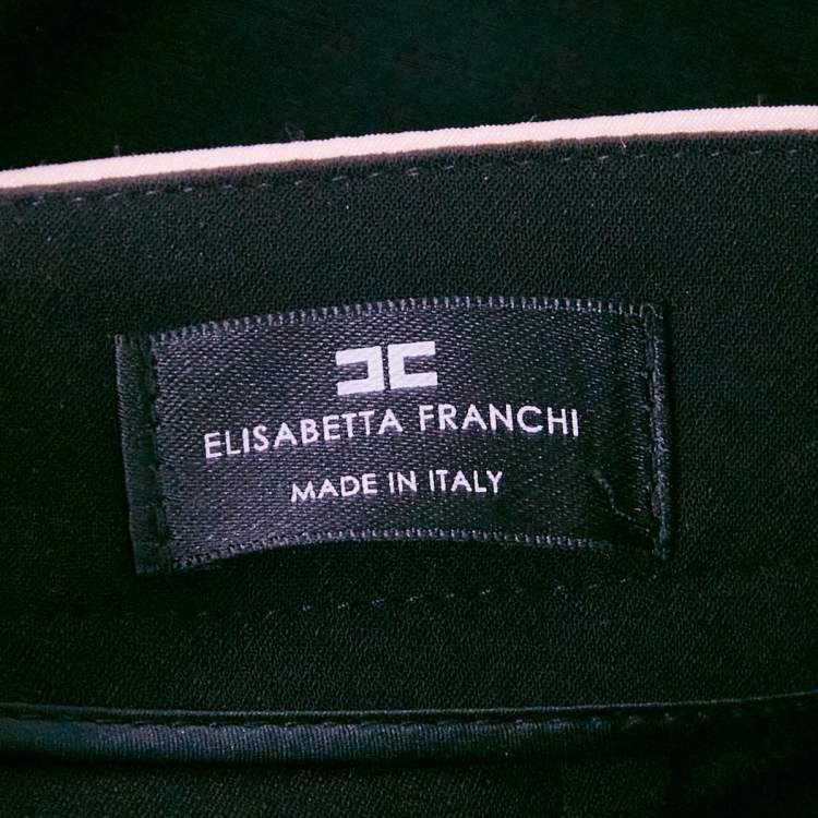 Pre Owned Elisabetta Franchi Black Contrast Trim Crepe Embellished Belt Pants M