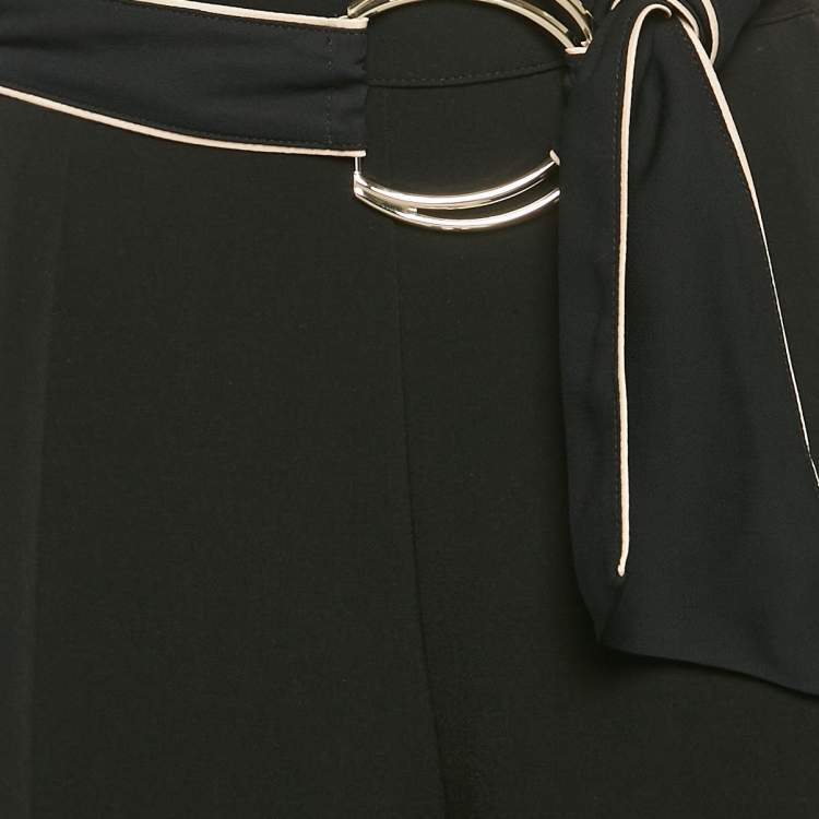 Pre Owned Elisabetta Franchi Black Contrast Trim Crepe Embellished Belt Pants M