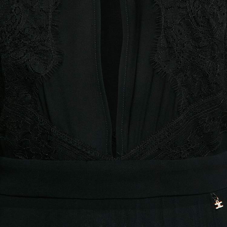 Pre Owned Elisabetta Franchi Black Lace Trim Crepe Plunging Neck Midi Dress M