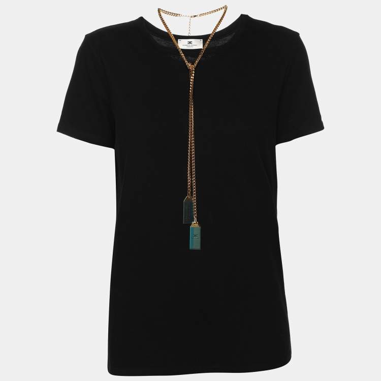 Pre Owned Elisabetta Franchi Black Cotton Round Neck Chain T-Shirt S