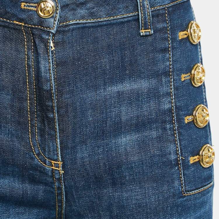 Pre Owned Elisabetta Franchi Blue Washed Denim Embellished Button Jeans S Waist 26"