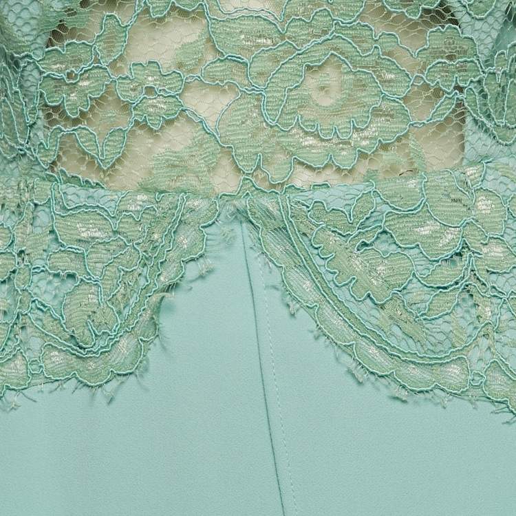 Pre Owned Elisabetta Franchi Mint Green Chiffon and Guipure Lace Bodice Maxi Dress M