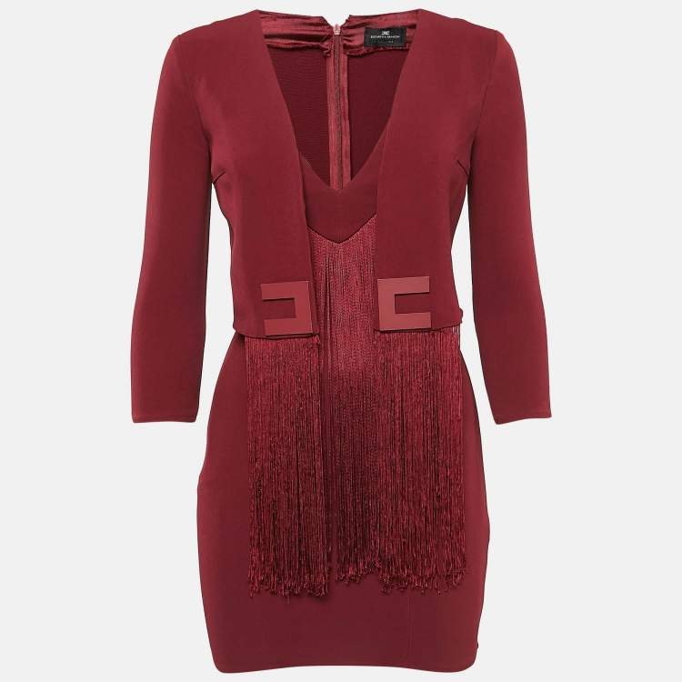 Elisabetta Franchi Burgundy Fringed Crepe Mini Dress S Elisabetta Franchi The Luxury Closet