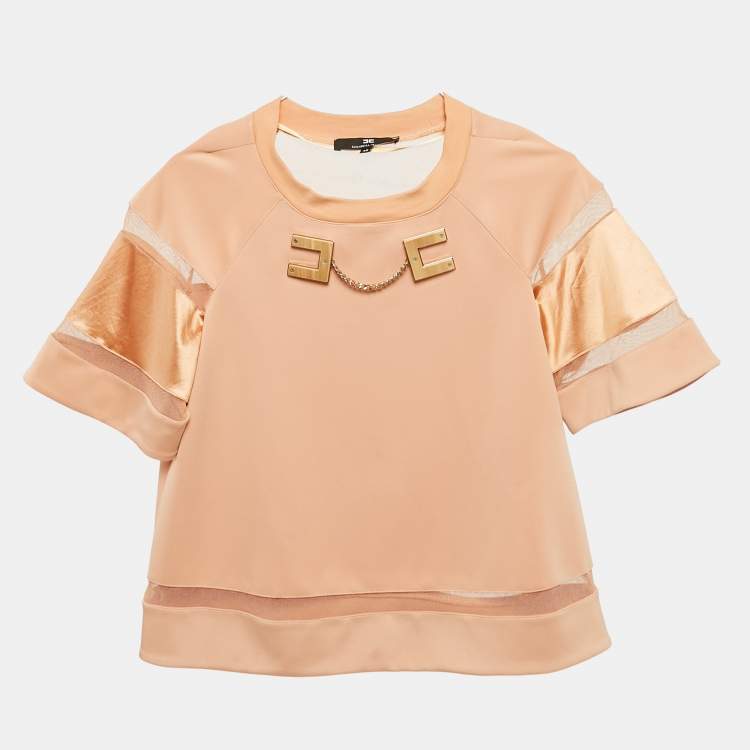 Pre Owned Elisabetta Franchi Light Orange  Logo Plaque Tulle Trim Jersey Top S