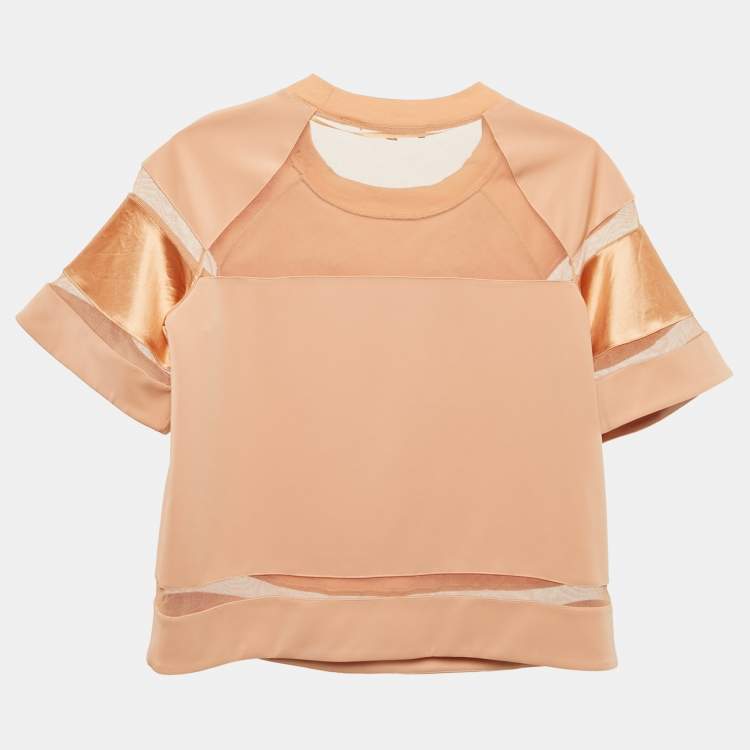 Pre Owned Elisabetta Franchi Light Orange  Logo Plaque Tulle Trim Jersey Top S