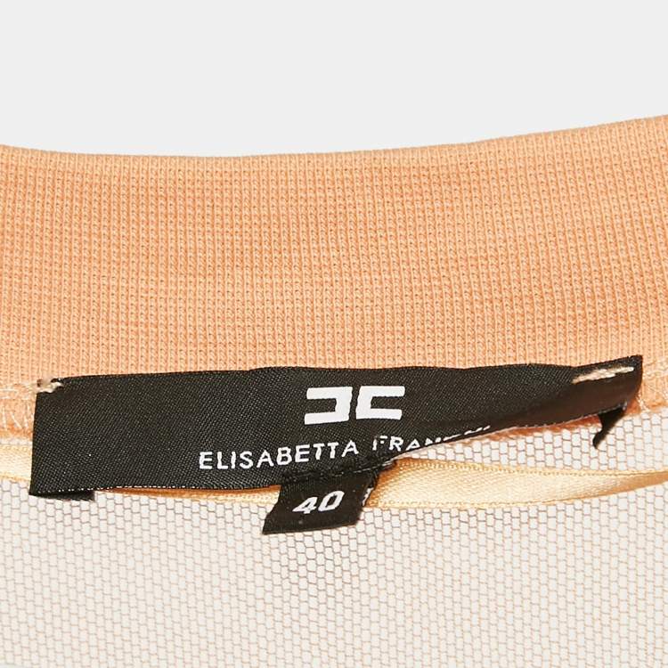 Pre Owned Elisabetta Franchi Light Orange  Logo Plaque Tulle Trim Jersey Top S