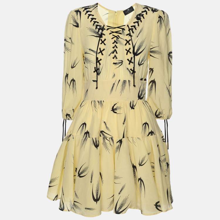 Pre Owned Elisabetta Franchi Yellow Silk Mini Long Sleeve Dress S