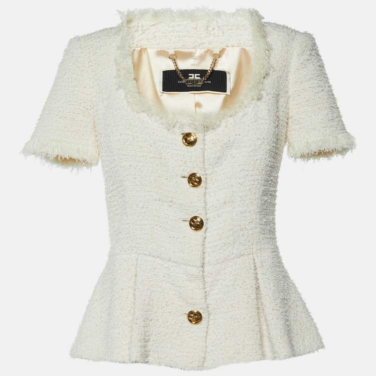 Pre Owned Elisabetta Franchi White Tweed Short Sleeve Peplum Jacket M