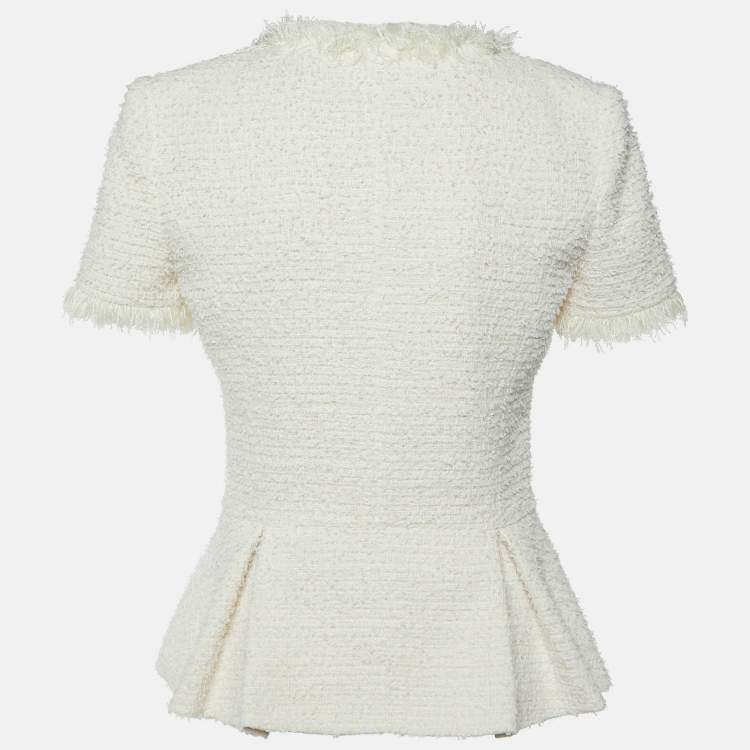 Pre Owned Elisabetta Franchi White Tweed Short Sleeve Peplum Jacket M