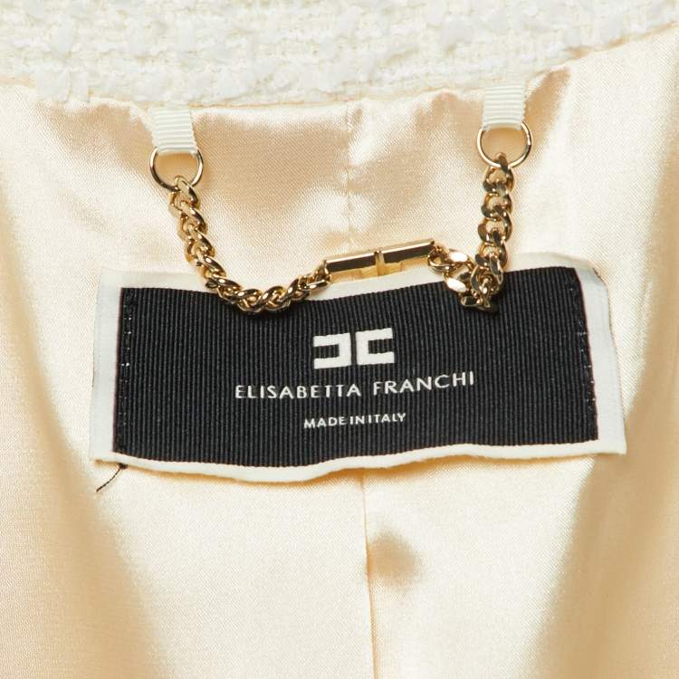 Pre Owned Elisabetta Franchi White Tweed Short Sleeve Peplum Jacket M