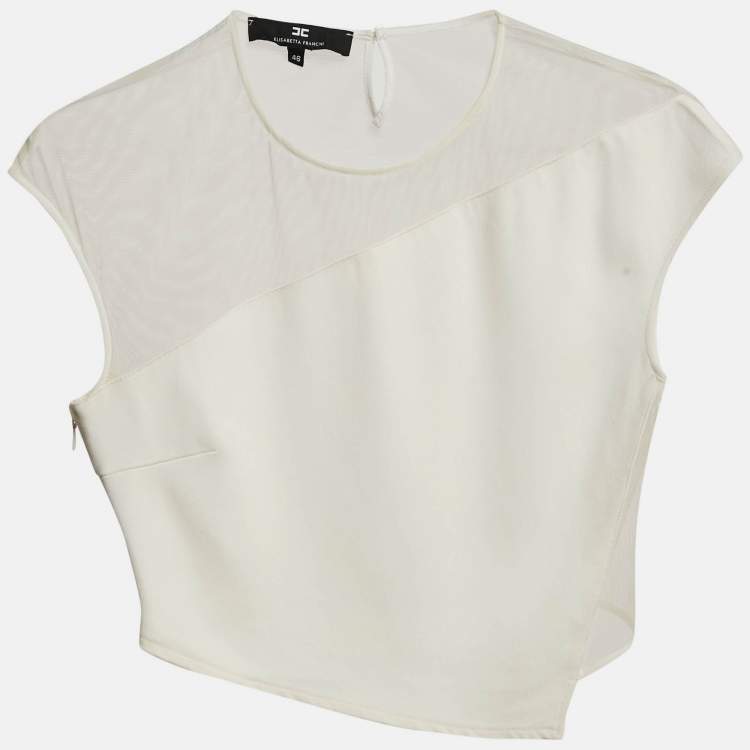 Pre Owned Elisabetta Franchi White Crepe and Mesh Crop Top L