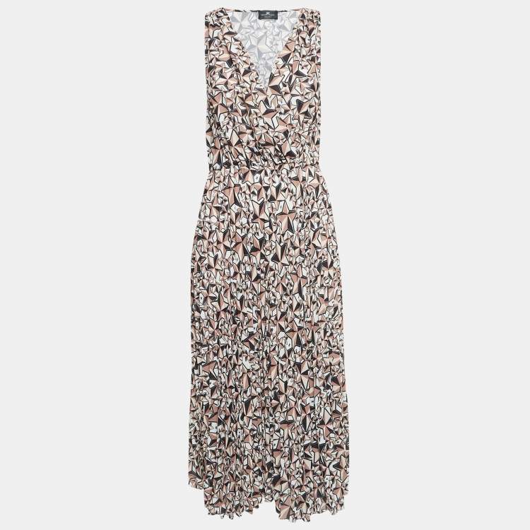 Pre Owned Elisabetta Franchi Brown Printed Pleat Crepe Detail Midi Dress M