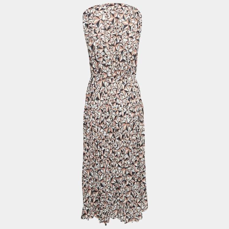 Pre Owned Elisabetta Franchi Brown Printed Pleat Crepe Detail Midi Dress M