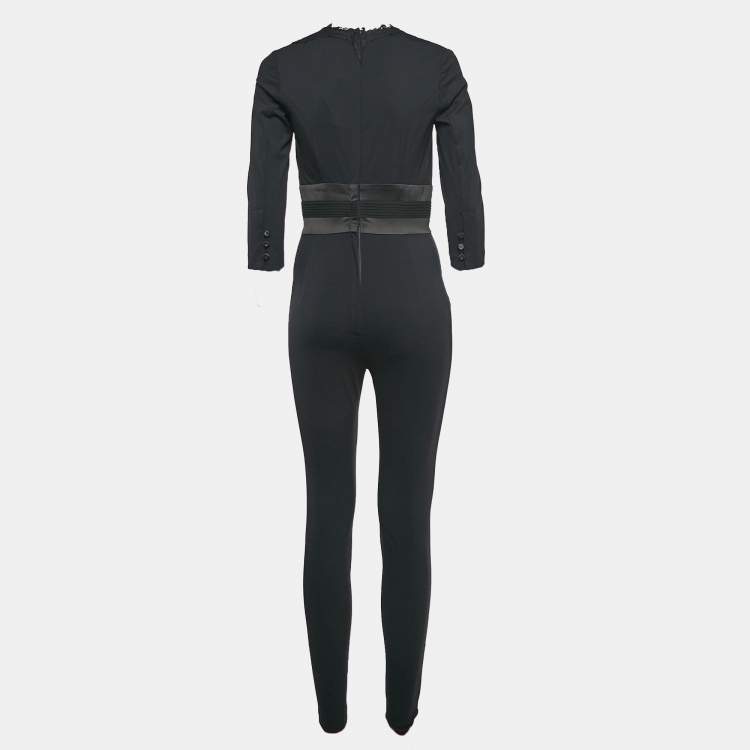 Pre Owned Elisabetta Franchi Black Lace Trim Jersey Plunging Neck Jumpsuit M