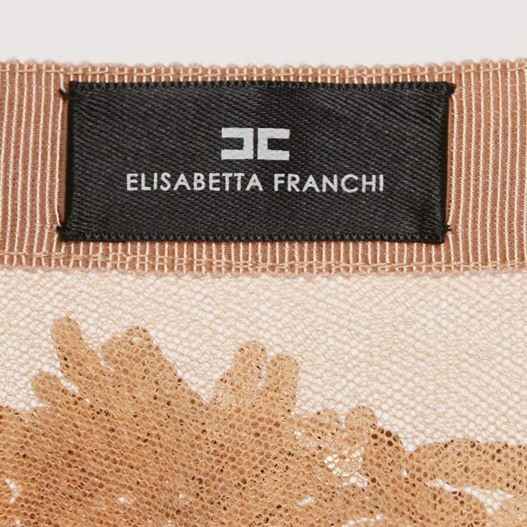 Pre Owned Elisabetta Franchi Beige Sequin Embellished Tulle Midi Skirt M