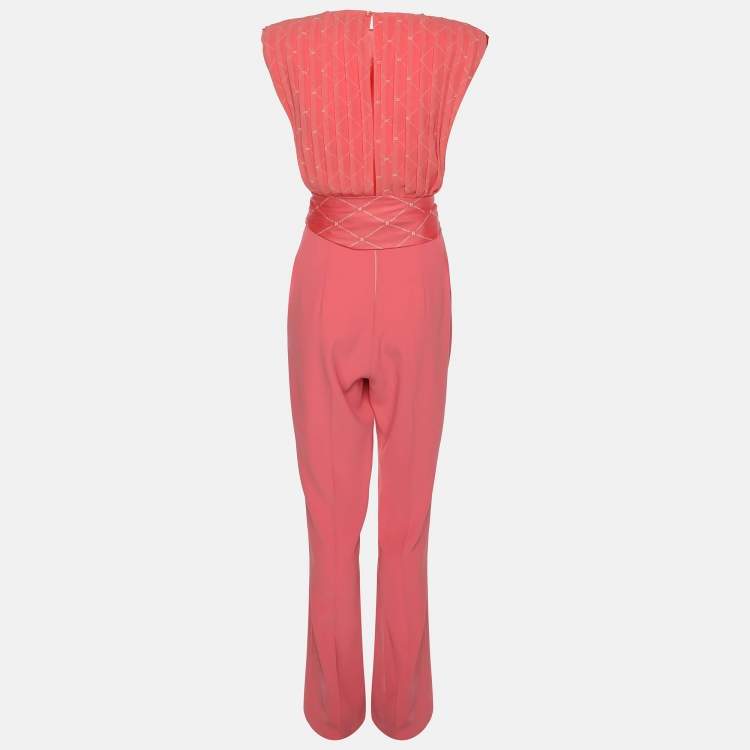 Pre Owned Elisabetta Franchi Coral Pink Polyester Belted Jumpsuit M