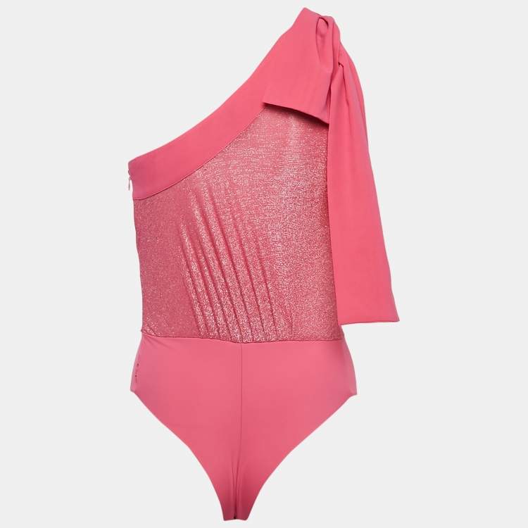Pre Owned Elisabetta Franchi Pink Lurex Knit and Crepe Bodysuit S