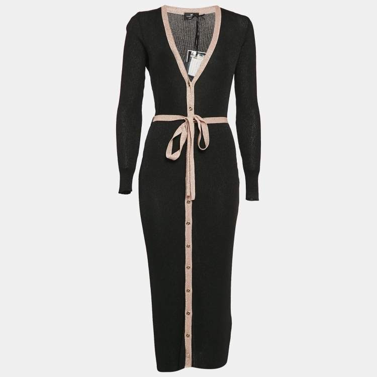 Pre Owned Elisabetta Franchi Black Lurex Rib Knit Belted Midi Dress M