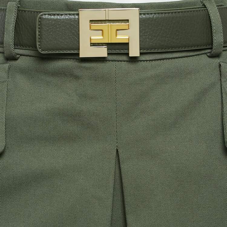 Pre Owned Elisabetta Franchi Green Gabardine Logo Plaque Belted Mini Skirt M