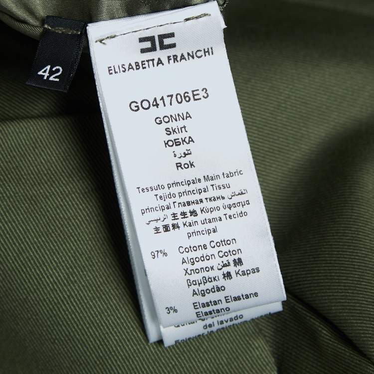 Pre Owned Elisabetta Franchi Green Gabardine Logo Plaque Belted Mini Skirt M