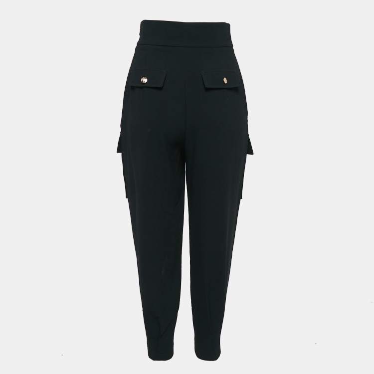 Pre Owned Elisabetta Franchi Black Crepe Pleated Chain Detail Trousers S