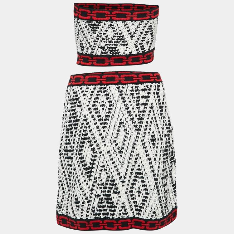 Pre Owned Elisabetta Franchi White/Black Tribal Pattern Crochet Skirt Set S/M