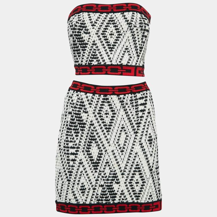 Pre Owned Elisabetta Franchi White/Black Tribal Pattern Crochet Skirt Set S/M