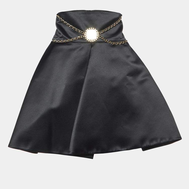 Pre Owned Elisabetta Franchi Black Satin Chain Detail Pleated Mini Skirt M