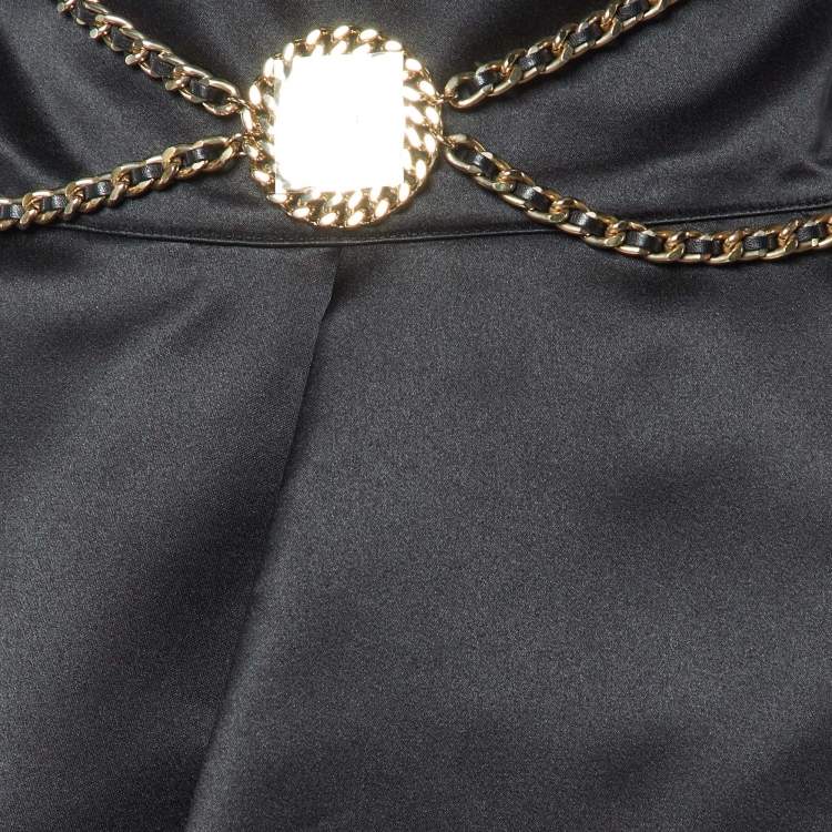 Pre Owned Elisabetta Franchi Black Satin Chain Detail Pleated Mini Skirt M