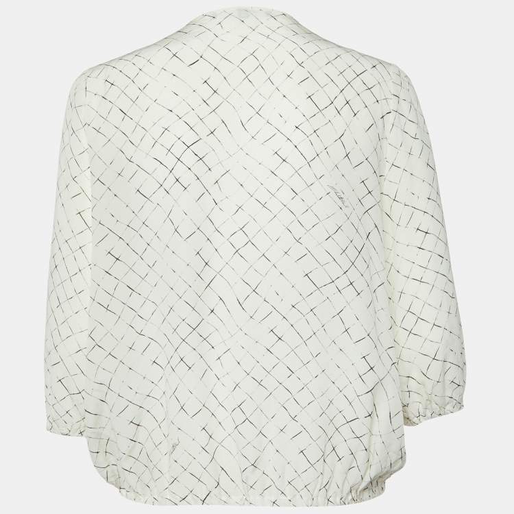 Pre Owned Elisabetta Franchi White Checks Print Silk Brooches Detail Top M