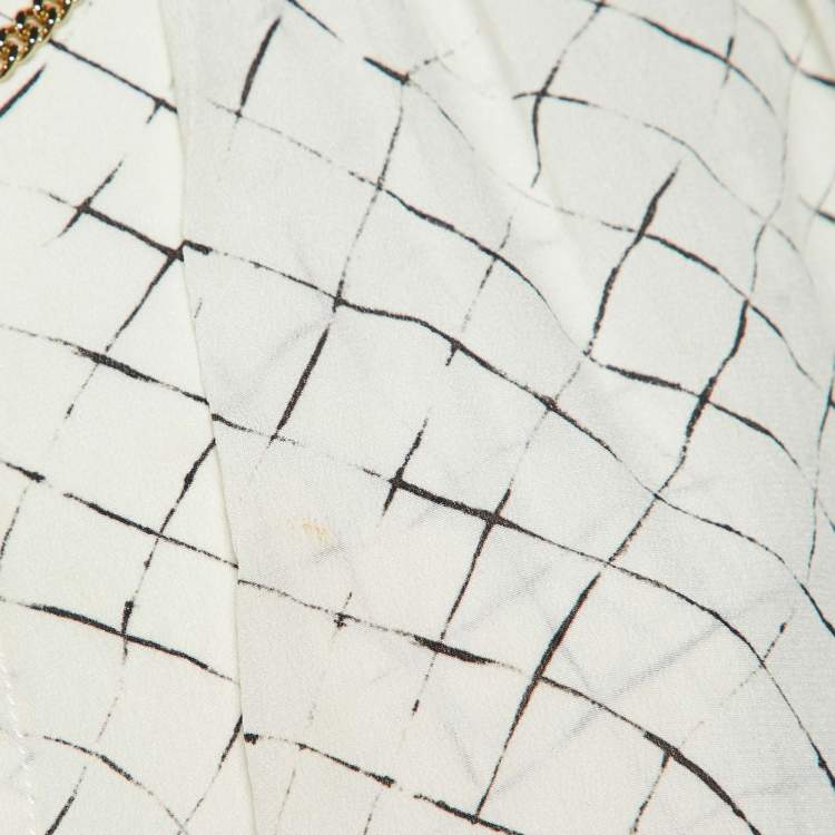 Pre Owned Elisabetta Franchi White Checks Print Silk Brooches Detail Top M