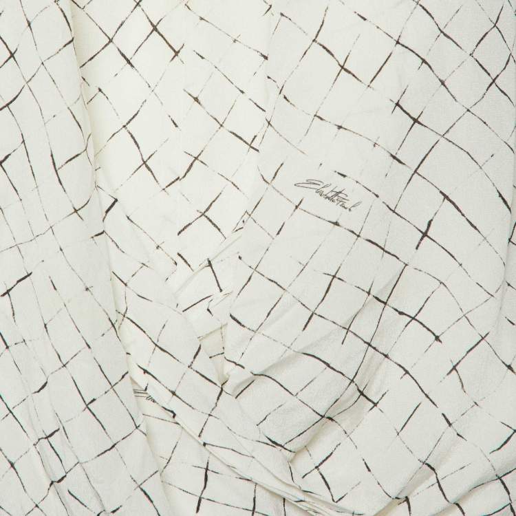 Pre Owned Elisabetta Franchi White Checks Print Silk Brooches Detail Top M